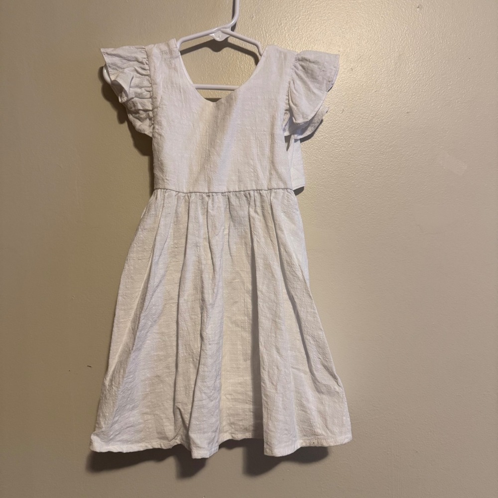 Girls White Dress Ruffle Sleeve Open Back Tie Casual Party Holiday Linen